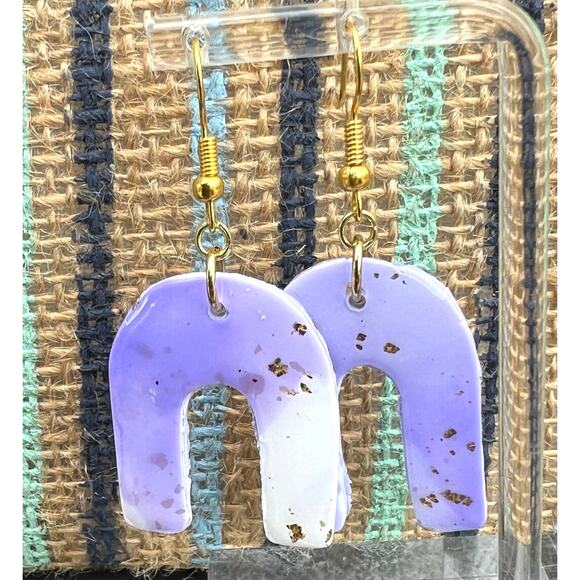 Artisan Purple & White with Gold Specks Arch Clay Dangle Earrings New - Picture 1 of 2